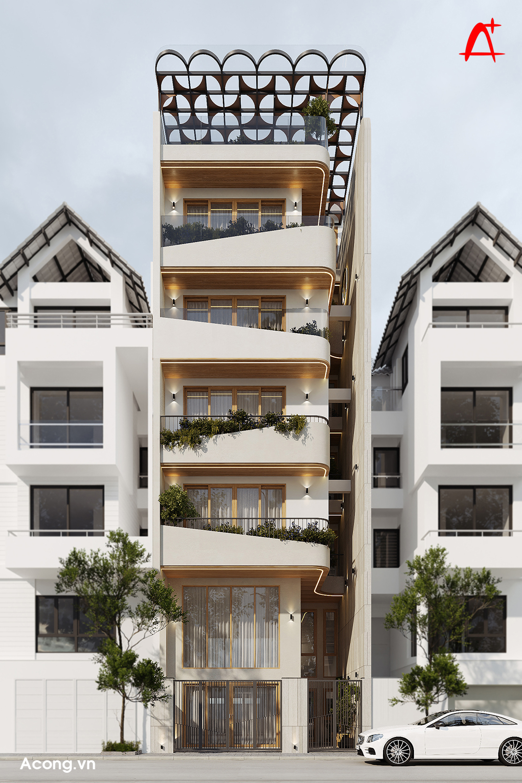 Tổng thể mặt đứng sử dụng các đường cong mềm, ban công bo tròn và mảng kính lớn giúp công trình nhẹ và thoáng hơn so với nhà liền kề thông thường.